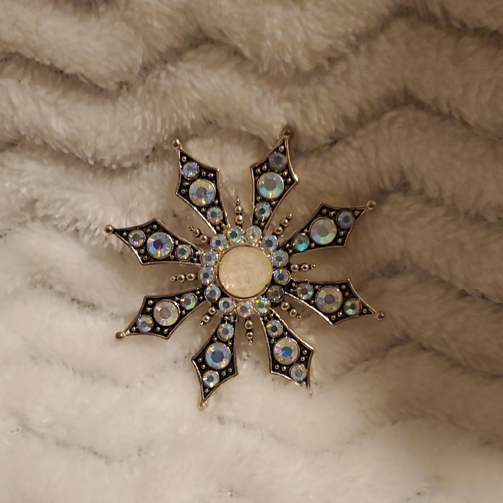 KC Elegant Snowflake Rhinestone Brooch with Iridescent Accents